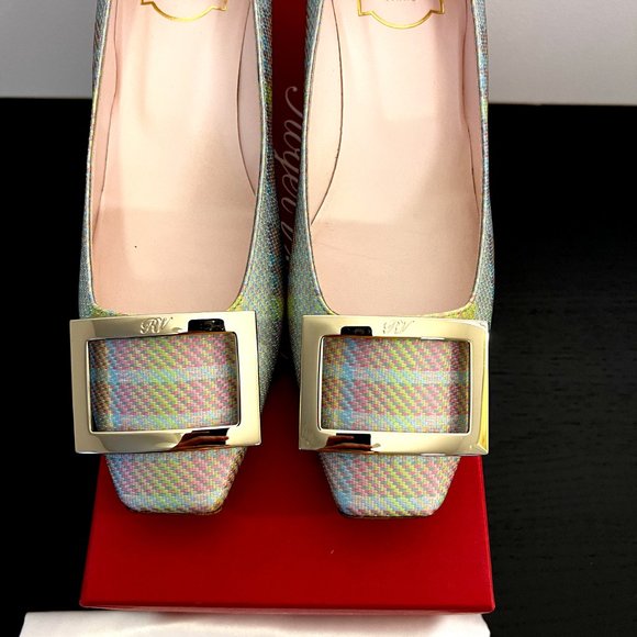 Roger Vivier Trompette Tartan Buckle Square-Toe Pumps In Pink Pattern - Size 9 - Picture 6 of 6